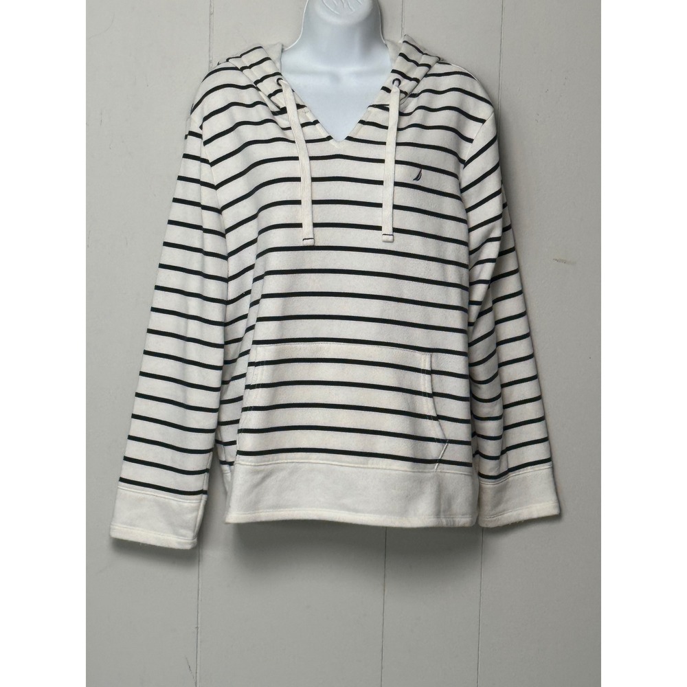 Nautica Women's Striped Fleece Hoodie V-Neck Pullover White Navy Blue Size Large